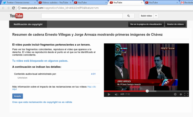 Mensaje que Youtube mostró al personal de Alba Ciudad indicándole que el video había sido "bloqueado en varios países" a solicitud de Univisión.