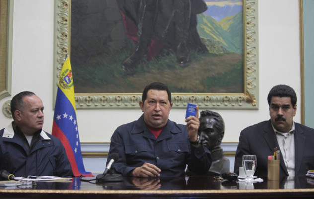 Venezuelan President Hugo Chavez speaks next to Vice President Nicolas Maduro and national assembly president Cabello during a national broadcast at Miraflores Palace in Caracas