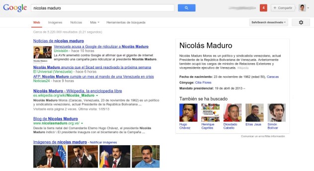 Así aparece una búsqueda de "Nicolás Maduro" este viernes; en el panel de "Knowledge Graph" colocado a la derecha ya no aparece la caricatura con el rostro desfigurado de Maduro, ni ninguna otra.