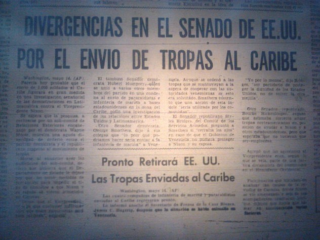 Hubo que esperar a que Nixon se retirara de Venezuela para que los buques de guerra estadounidenses que amenazaron a neustro país se replegaran. Fuente: El Nacional, 15 de mayo de 1958.