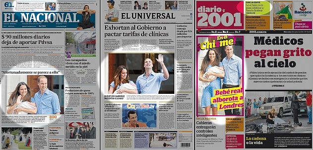 Portadas de los diarios El Nacional y El Universal dando protagonismo al nacimiento del hijo de Kate Middleton y el príncipe Guillermo, así como el Penélope Cruz y Javier Bardem.