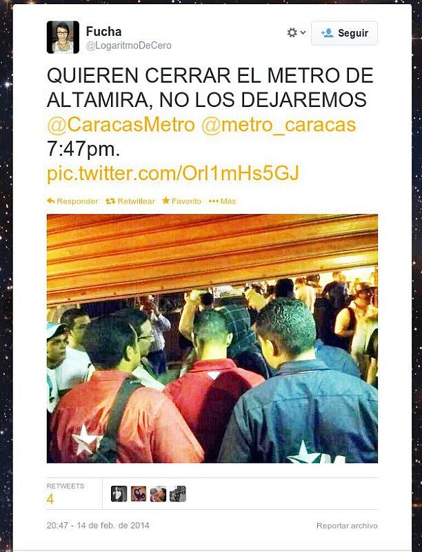 Mensaje en la red social Twitter en el que opositores reconocen que lucharon con funcionarios del Metro de Altamira para intentar evitar que cerraran la estación.