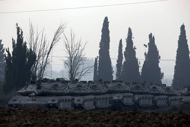 Israeli army tanks are seen outside the southern Gaza Strip