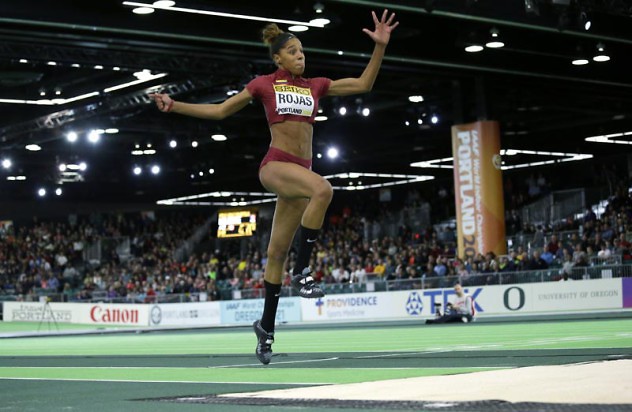 Venezuela's Yulimar Rojas jumps in the women's triple jump final during the World Indoor Athletics Championships, Saturday, March 19, 2016, in Portland, Ore. (AP Photo/Elaine Thompson)