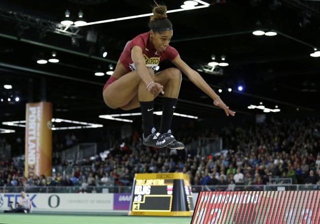 Venezuela's Yulimar Rojas jumps in the women's triple jump final during the World Indoor Athletics Championships, Saturday, March 19, 2016, in Portland, Ore. (AP Photo/Elaine Thompson)