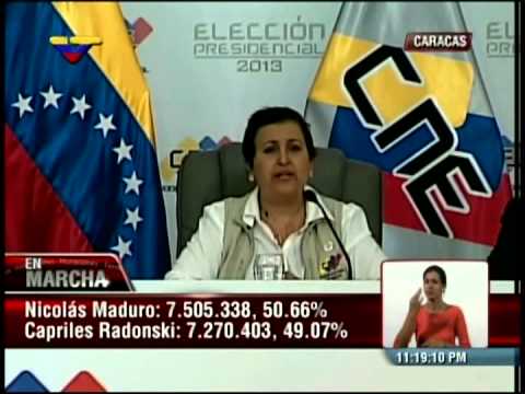 Tibisay Lucena da los resultados: Nicolás Maduro ganó por 234 mil votos sobre Capriles