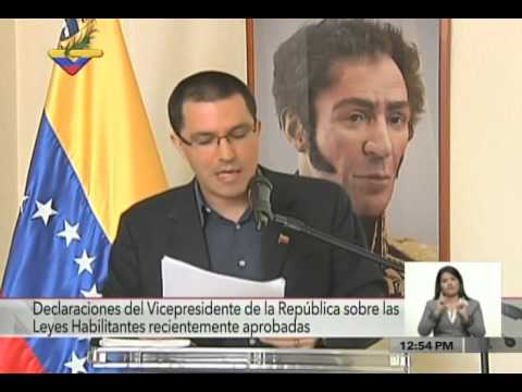 Vicepresidente Jorge Arreaza sobre 5 leyes aprobadas el día anterior por Maduro, 31 diciembre 2015
