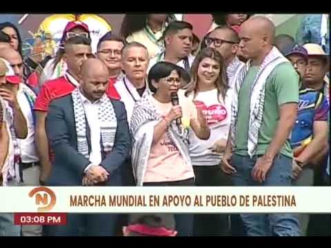 Delcy Rodríguez y el embajador de Palestina, en gran marcha contra el genicidio, 4 noviembre 2023