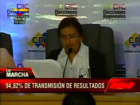 Tibisay Lucena lee resultados elecciones 16-D: Chavismo gana en 20 de 23 estados