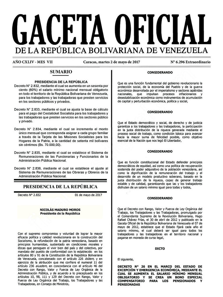 Descargue la Gaceta Oficial 6.296 Extraordinario con el aumento