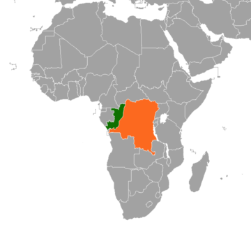 The Dmocratic Republic of the Congo (in orange), former colony of Belgium, and its neighboring country Republic of the Congo (in green), former colony of France.