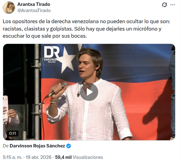 A social media post saying Venezuela's right wing opposition "cannot hide what they are: racists, classists, and coup plotters. Just hand them a microphone and listen to what comes out of their mouths."